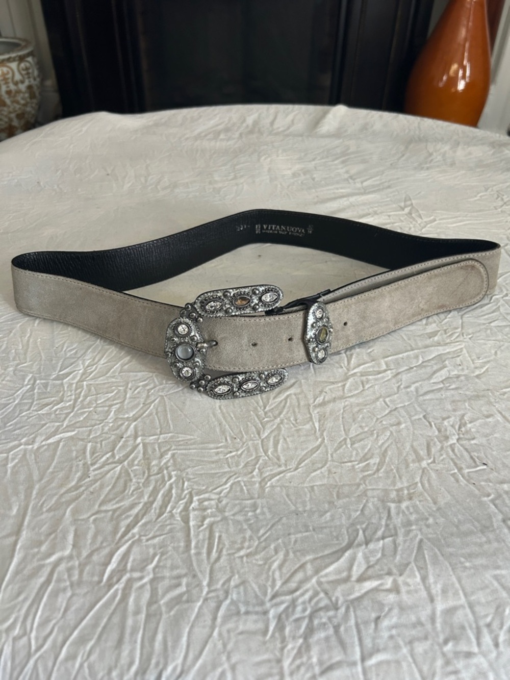 Embellished Suede Waist Belt in Light Gray with Crystal Buckle